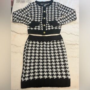 Black and White houndstooth Cardigan and Skirt Set